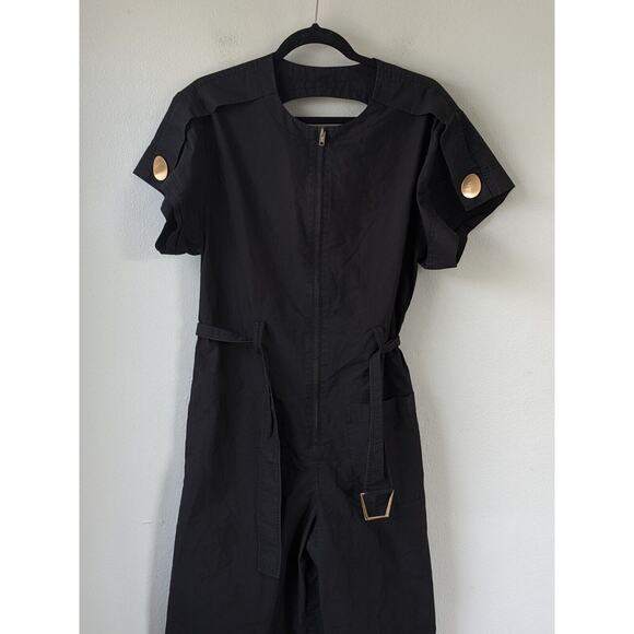 3:1 Phillip Lim Size 6 Flared Cut Out Jumpsuit Black Belted Short Sleeves - Picture 3 of 15